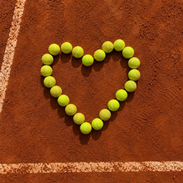 Tennisbälle in Herzform auf einem Sandplatz